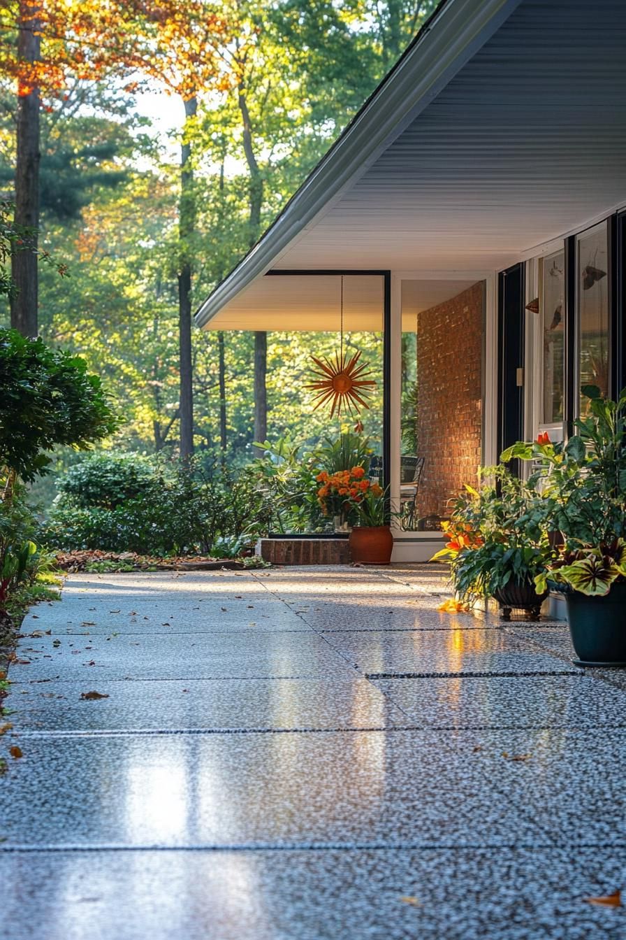 mid century modern house front porch with atomic starburst decor driveway lined with trees leads to the porch