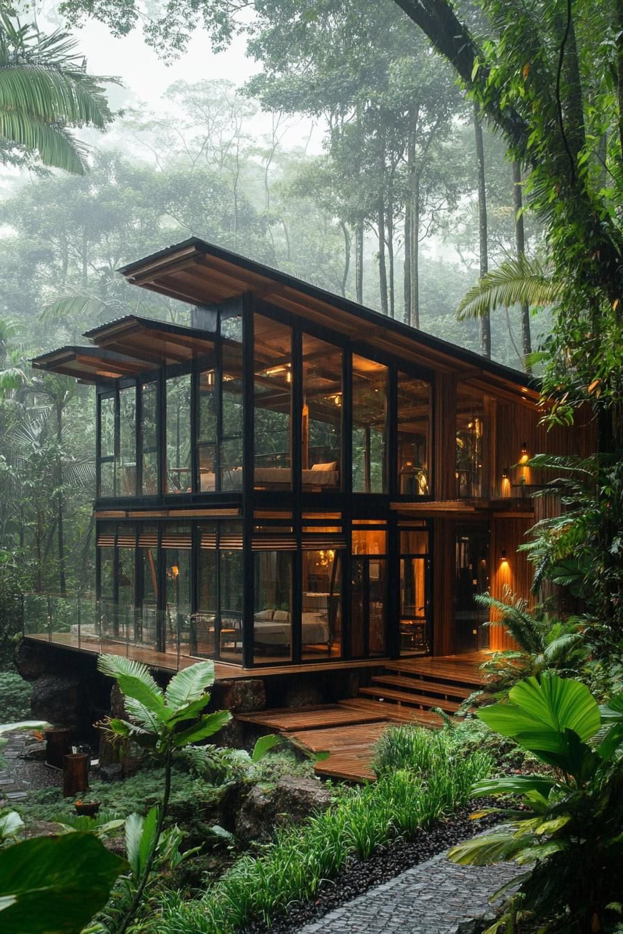 modern timber cabin with glass walls in lush tropical forest
