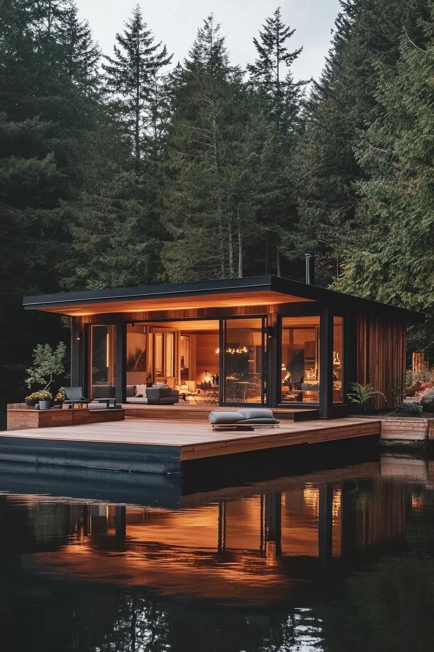 mid century modern cabin with expansive windows and sliding doors floating lake platform 1