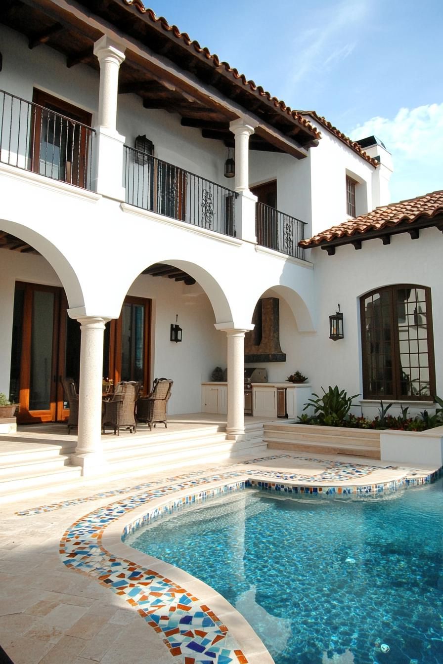 spanish style house inner courtyard house in white stucco columns and arches tiled yard small curvy pool there are mosaic steps on one side 2