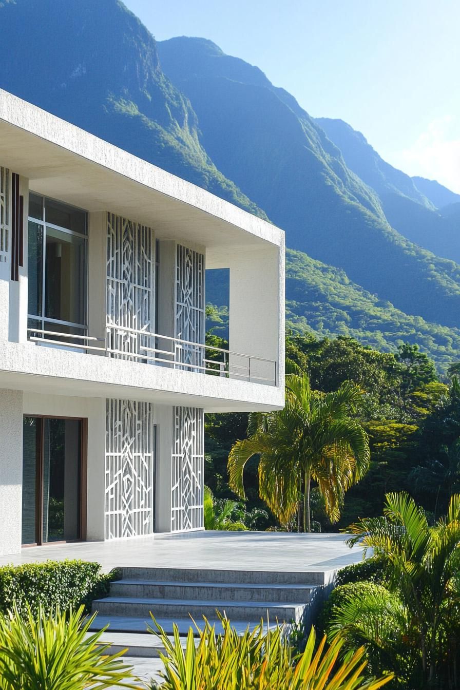 modern house with high relief art deco precast concrete facade tropical mountains in the background 1
