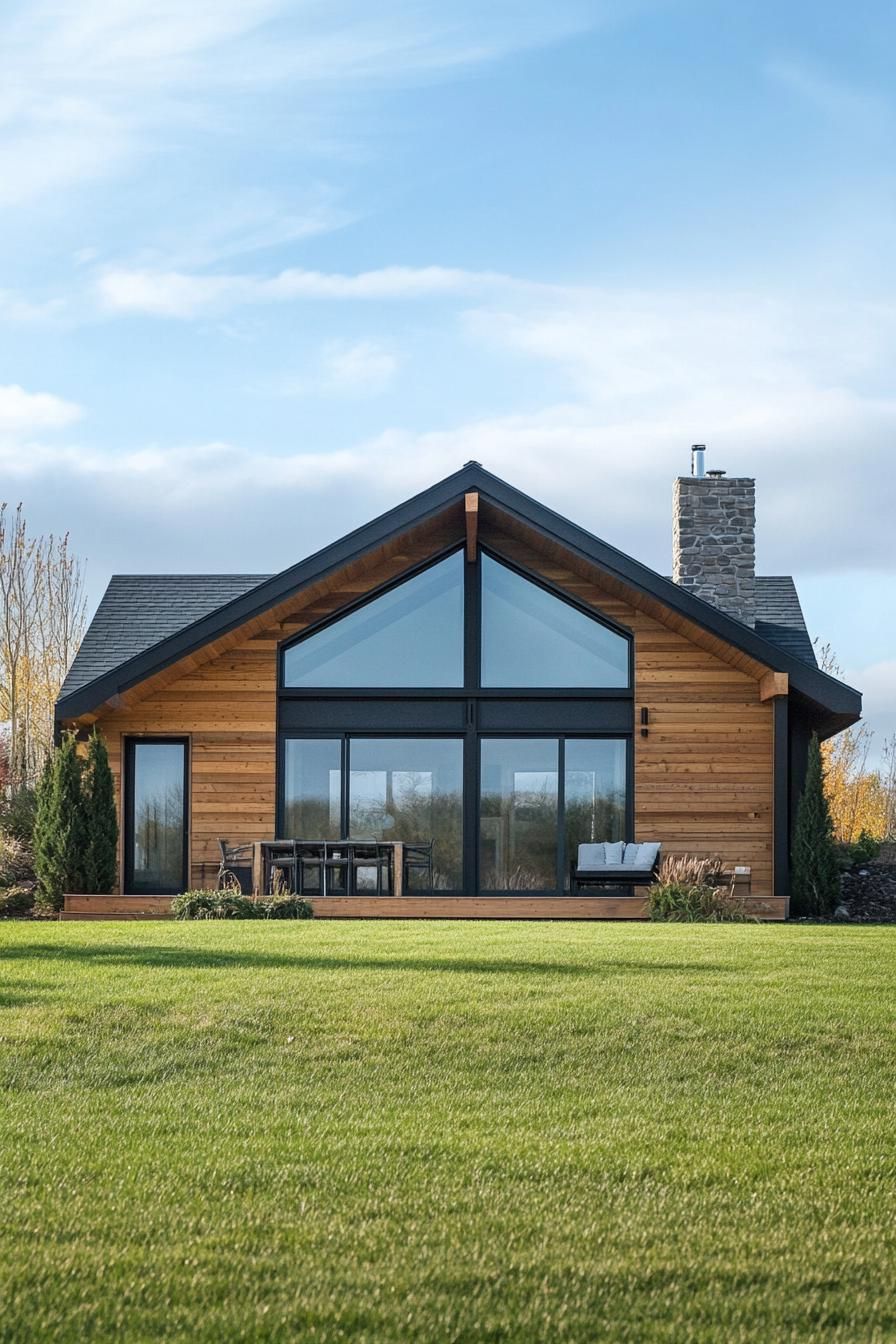 modern rural timber framing house facade with minimalist detailing in front a plain green grass of a homestead