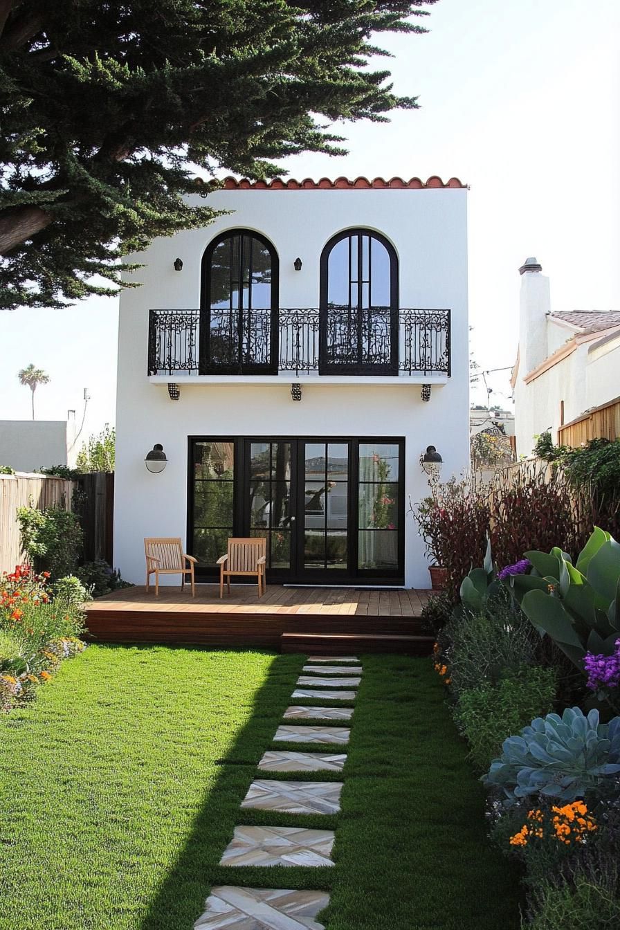 small modern white spanish house with arched modern windows balcony with iron railings and ornate braces small wooden deck under the balcony wooden