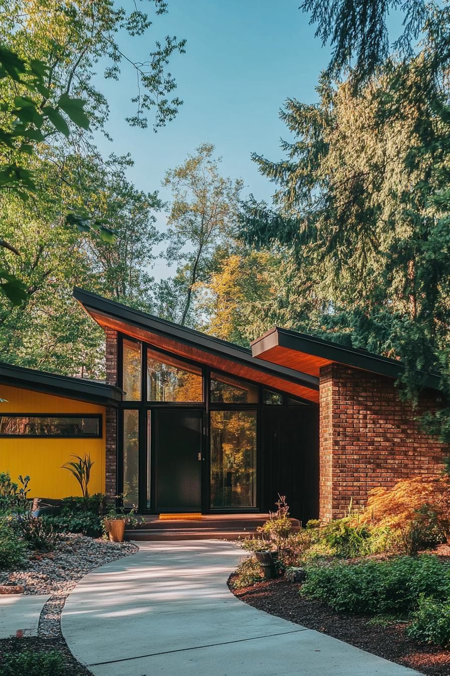 modern 70s style house exterior with brow green and yellow color tones