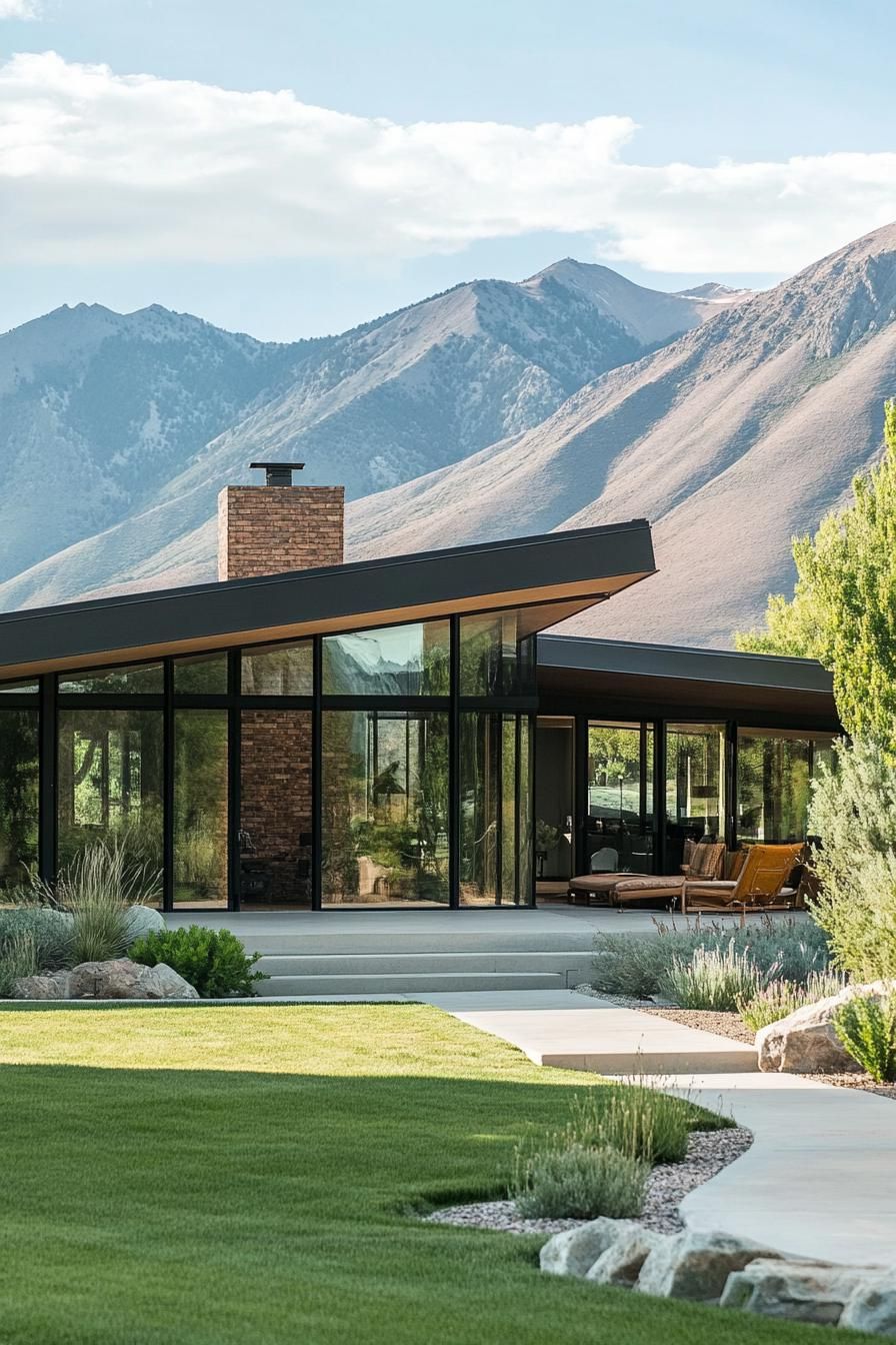 mid century modern house with large windows and sliding doors with front porch stunning mountains in the background 3