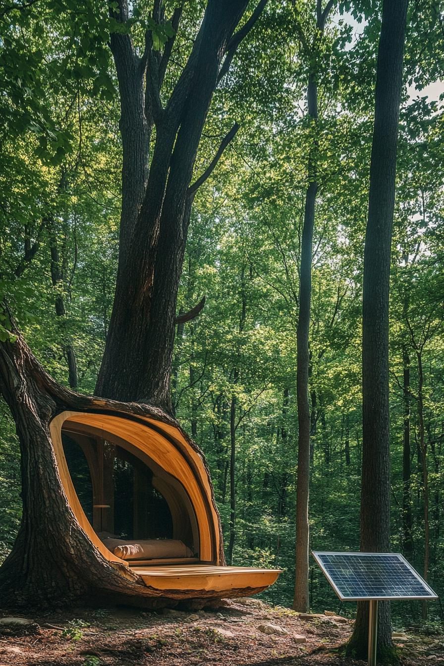 modern cabin built into a large tree trunk in a forest with a solar panel standing nearby 1