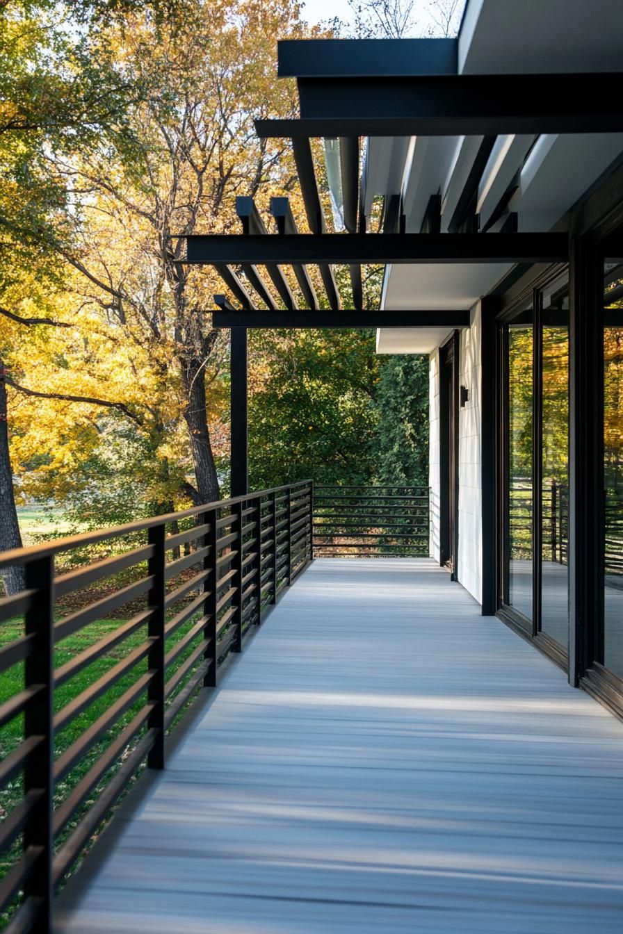 modern century house front porch with metal horizontal railings yard with trees visible