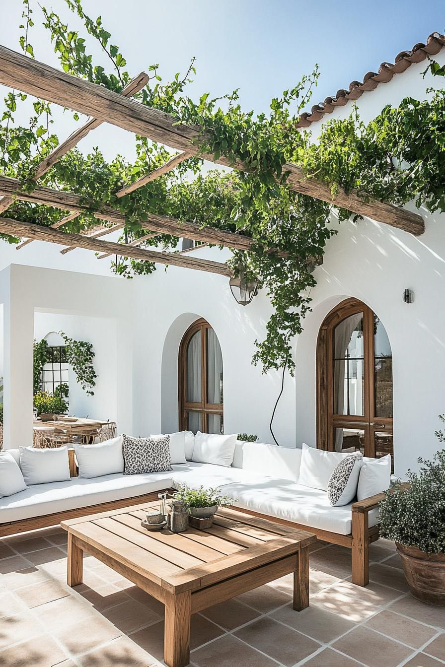 modern spanish house courtyard white walls modern arched doors tiled floor large wooden outdoor coffee table with outdoor sofas pergola above 1
