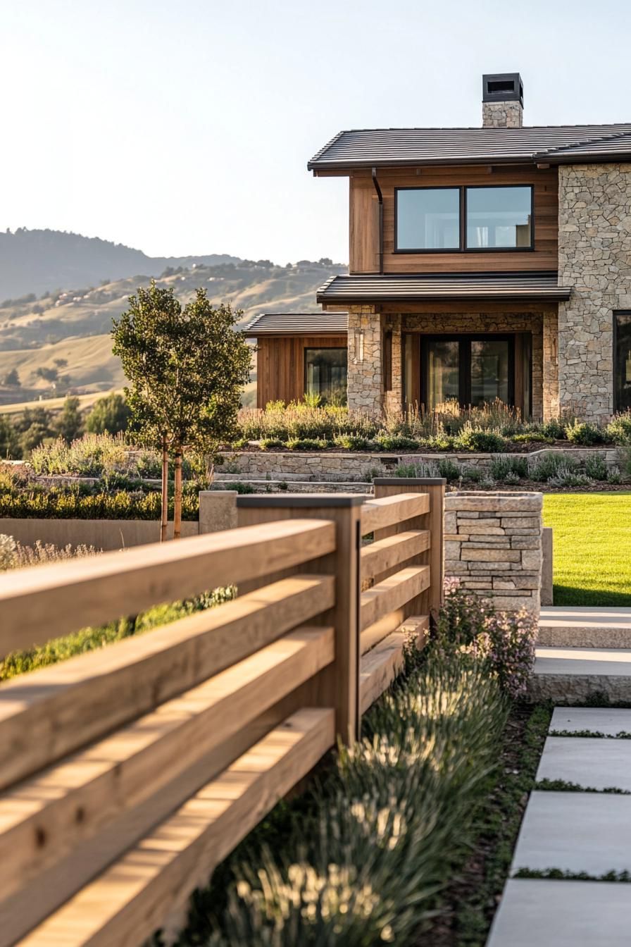 modern 90 style house front yard with wooden slat fence and stone fence posts hill village in the background 2