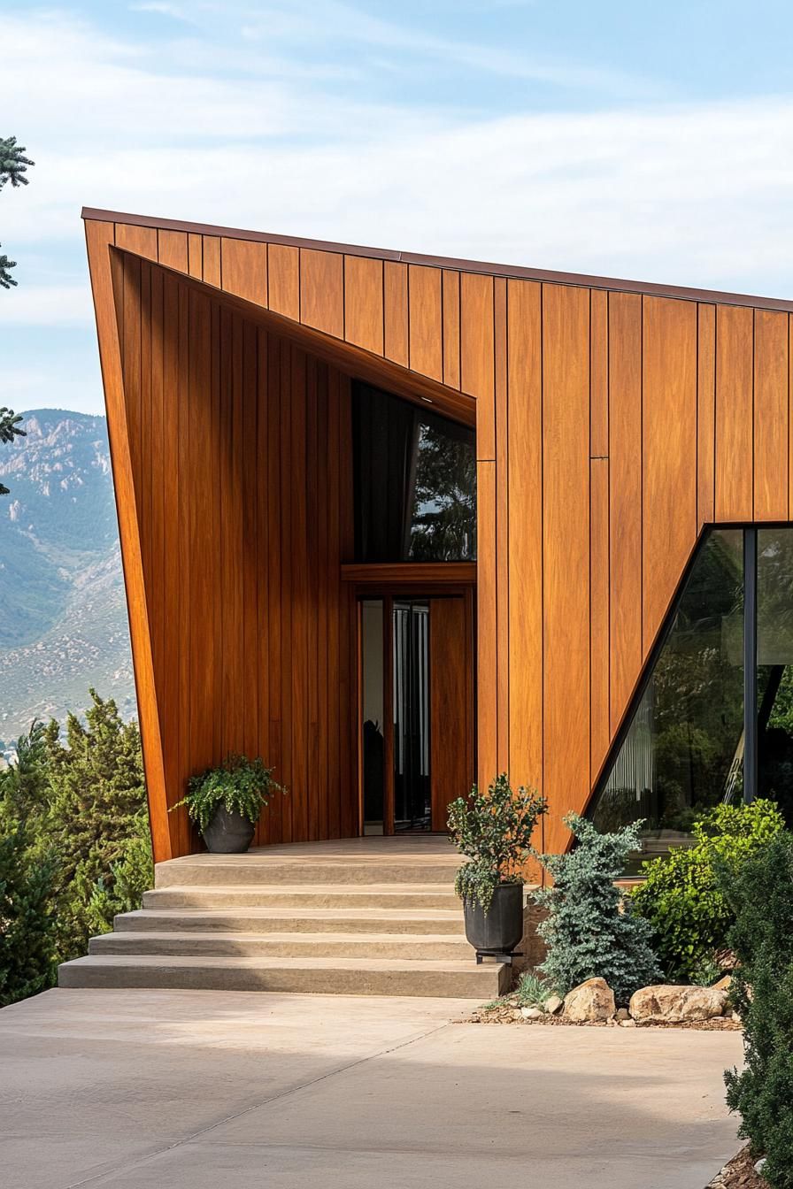 modern 70s style house facade with geometric wood paneling stunning mountain views 1