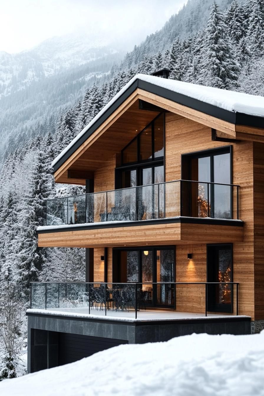 modern French chalet house facade with wooden cladding and glass railings stunning snowy mountain in the background 1