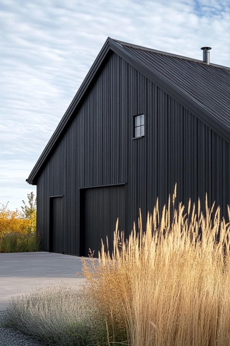 modern rural barn style house facade with black siding in neat Swiss plains