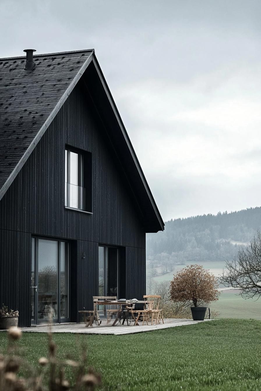 modern rural barn style house facade with black siding in neat Swiss plains 2