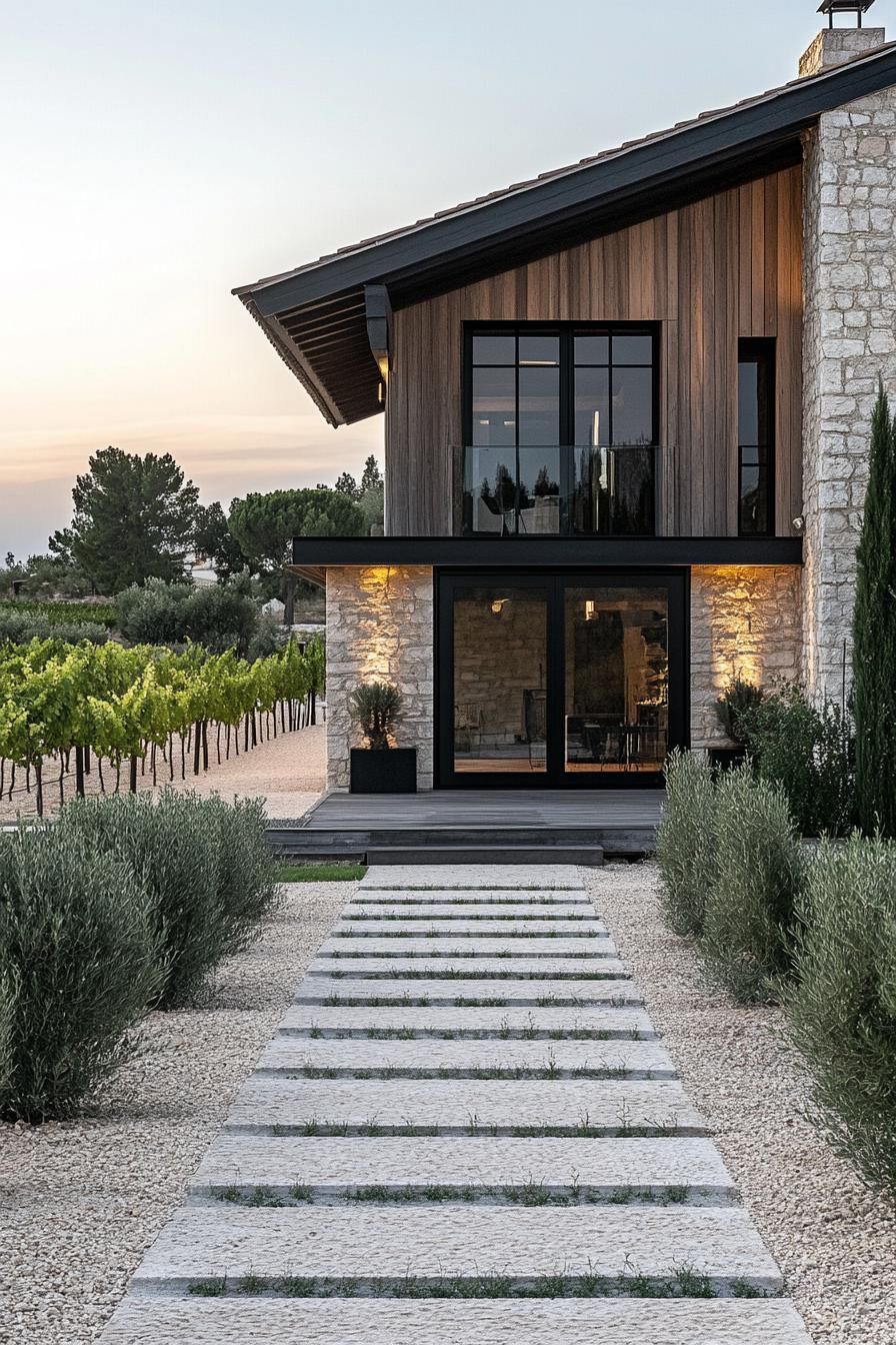 modern French chalet house facade with geometric stone ground floor and timber chalet second floor provencal vineyard in the background 3