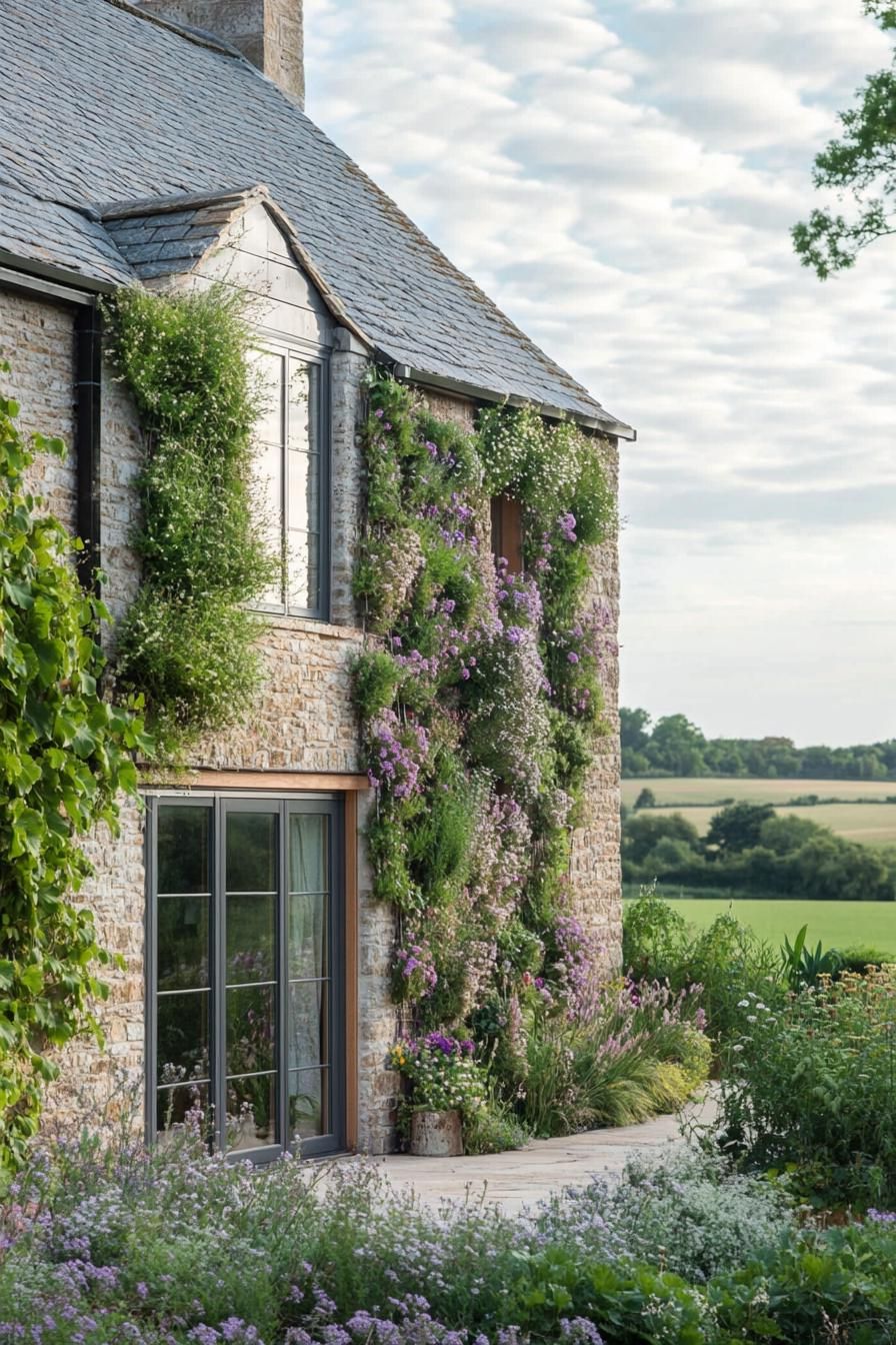 modern rural house facade with vertical garden beautiful English farmland in the background 1
