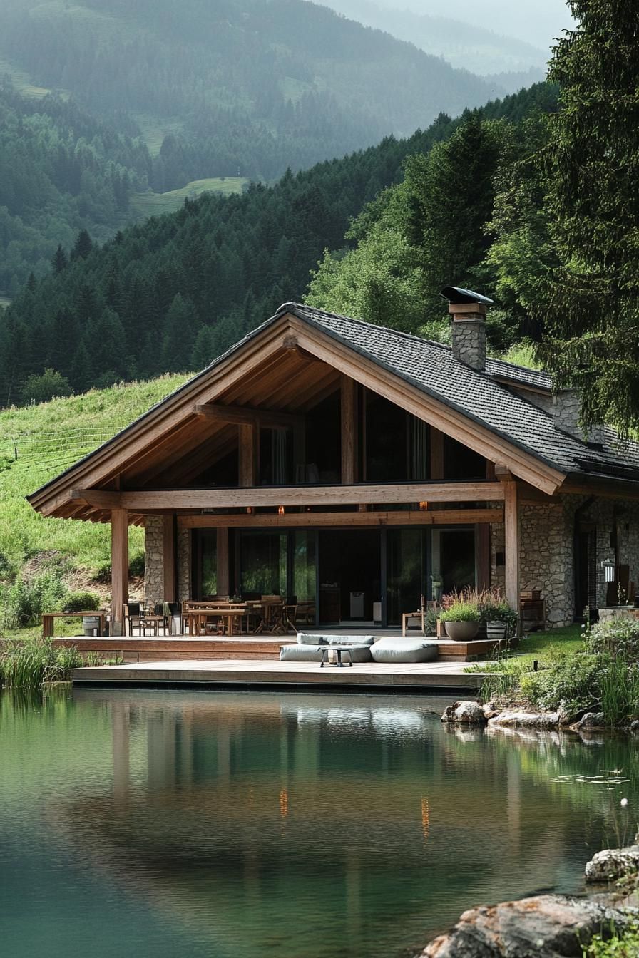 modern French chalet house with Overhanging roof Eaves With Exposed Rafters house by a pond in a green valley 3