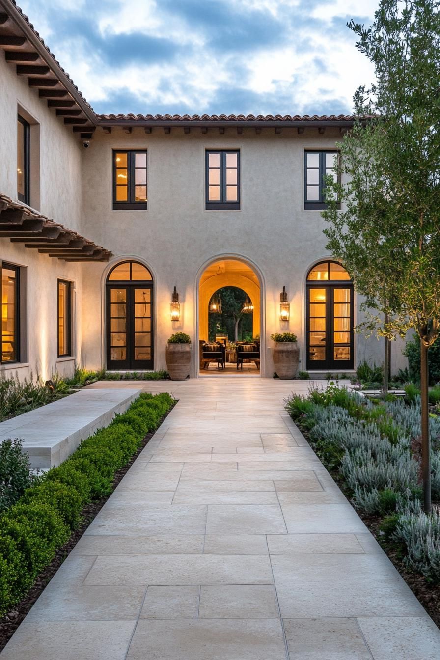 spanish style house courtyard polished limestone facade large tile arches shrubs outdoor lamp fixtures modern windows path LED lighting 1