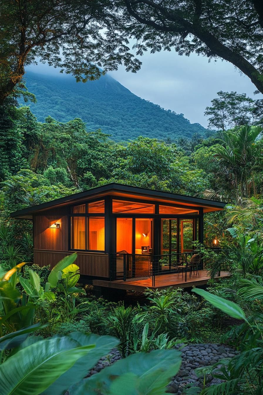 tiny mid century modern cabin exterior with clerestory windows in tropical forest with a mountain in the background 3