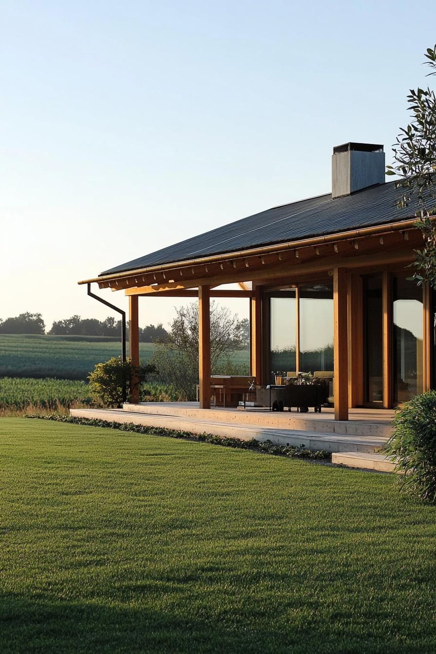 modern rural timber framing house facade with minimalist detailing in front a plain green grass of a homestead 3