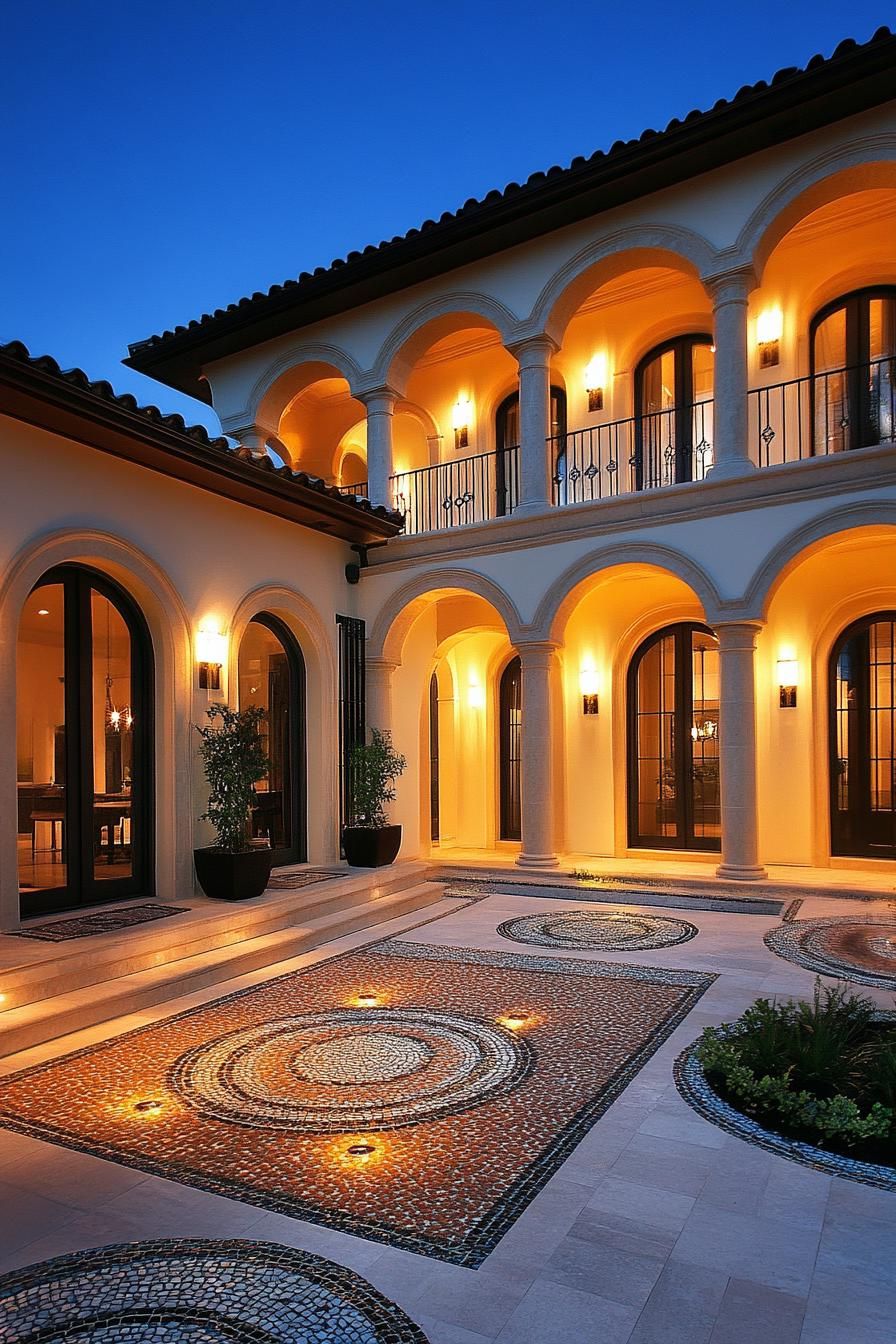 modern spanish house courtyard with arches and columns mosaic tile floor LED lighting dusk scene 1