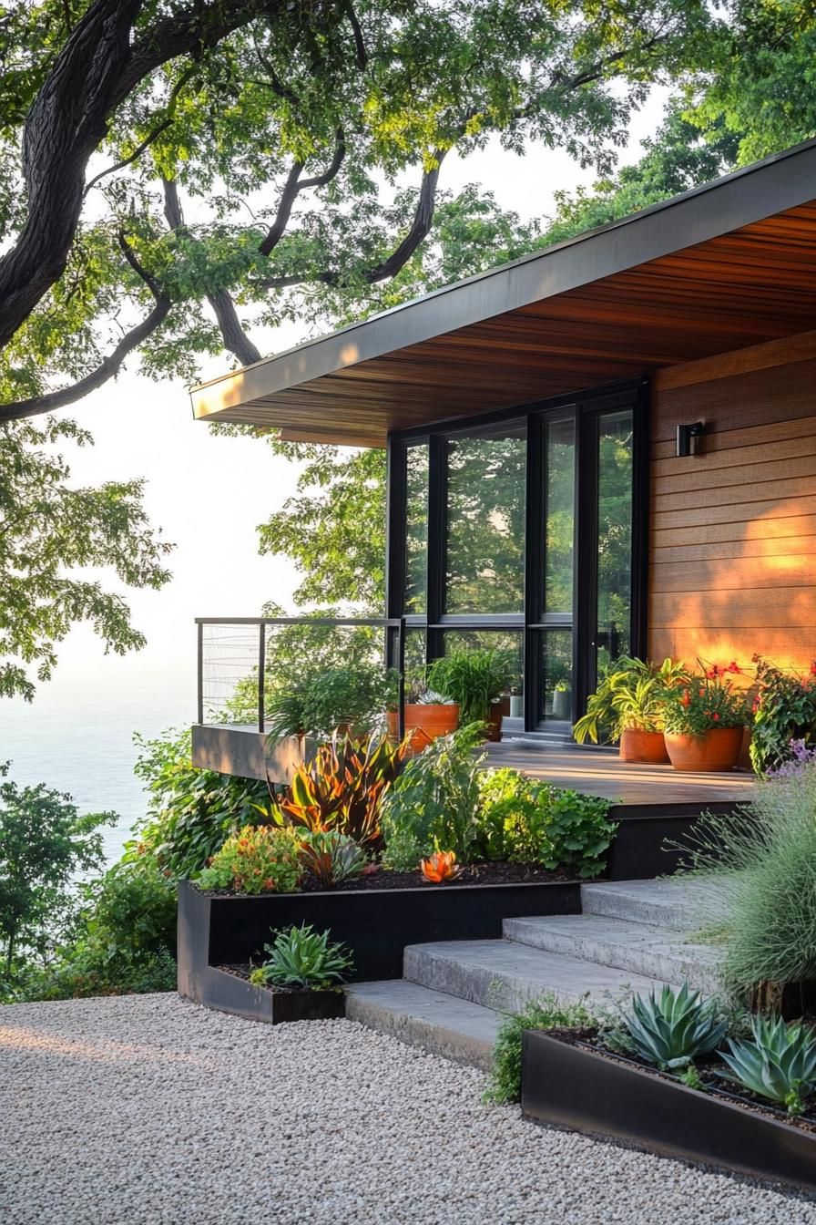 mid century modern cabin facade with integrated planters picturesque green farmlands 3