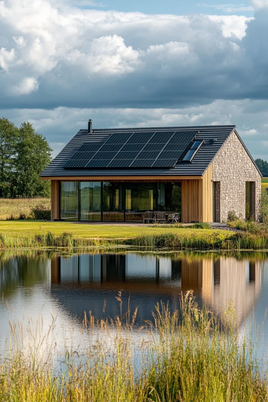 modern timber cabin house with solar panel roof by a lake in open green fields 1