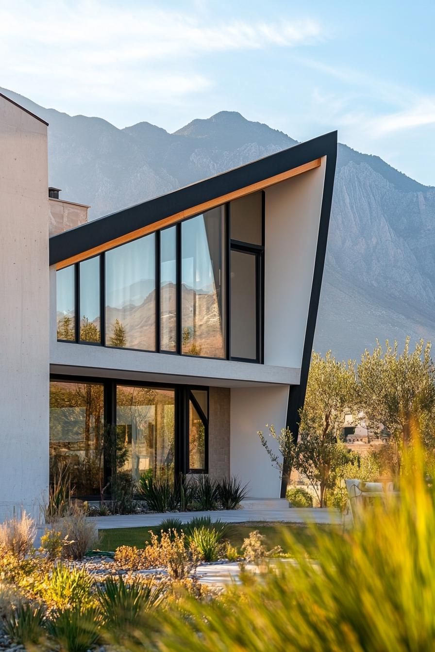 modern 90s style house facade with geometric windows stunning mountains in the background 3