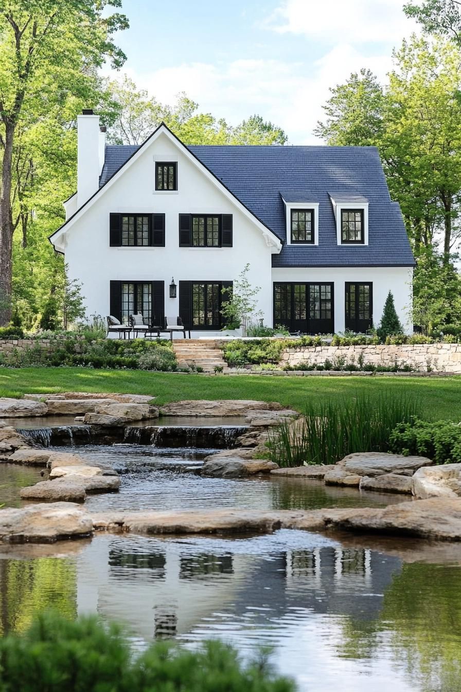 modern French chalet white house facade with black shutters provincal estate with a stream in front yard 2