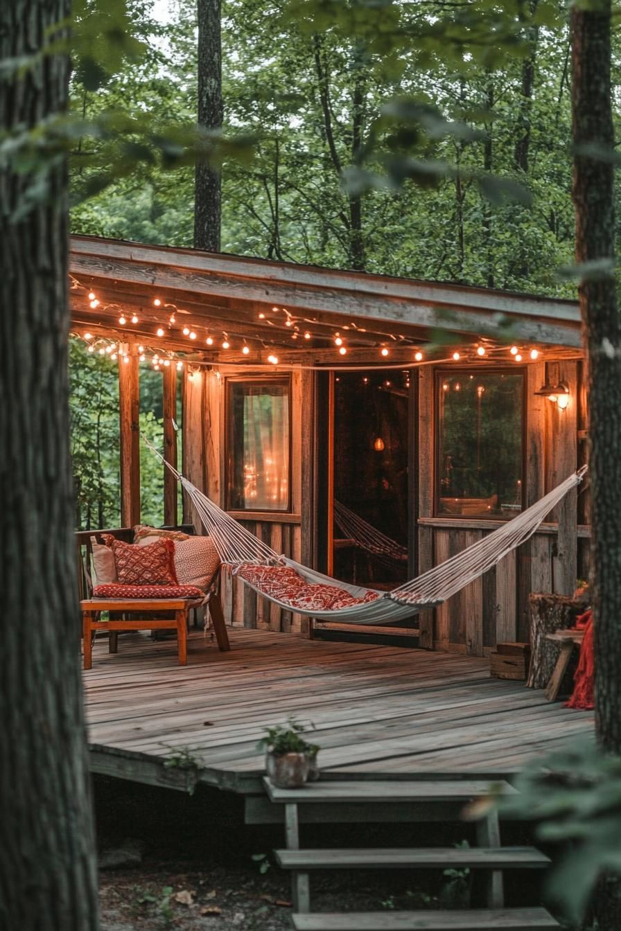 modern weathered timber cabin with porch and hammock string lights natural tree shade boho vibes