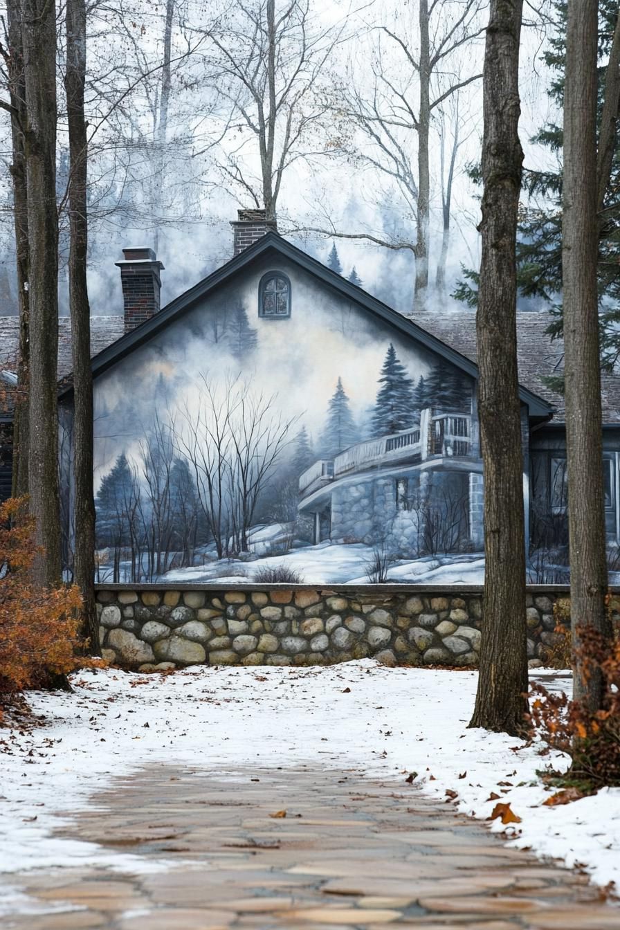 modern French chalet house facade accent wall with colored Alpine mural painting yard surrounded by leafless trees misty weather