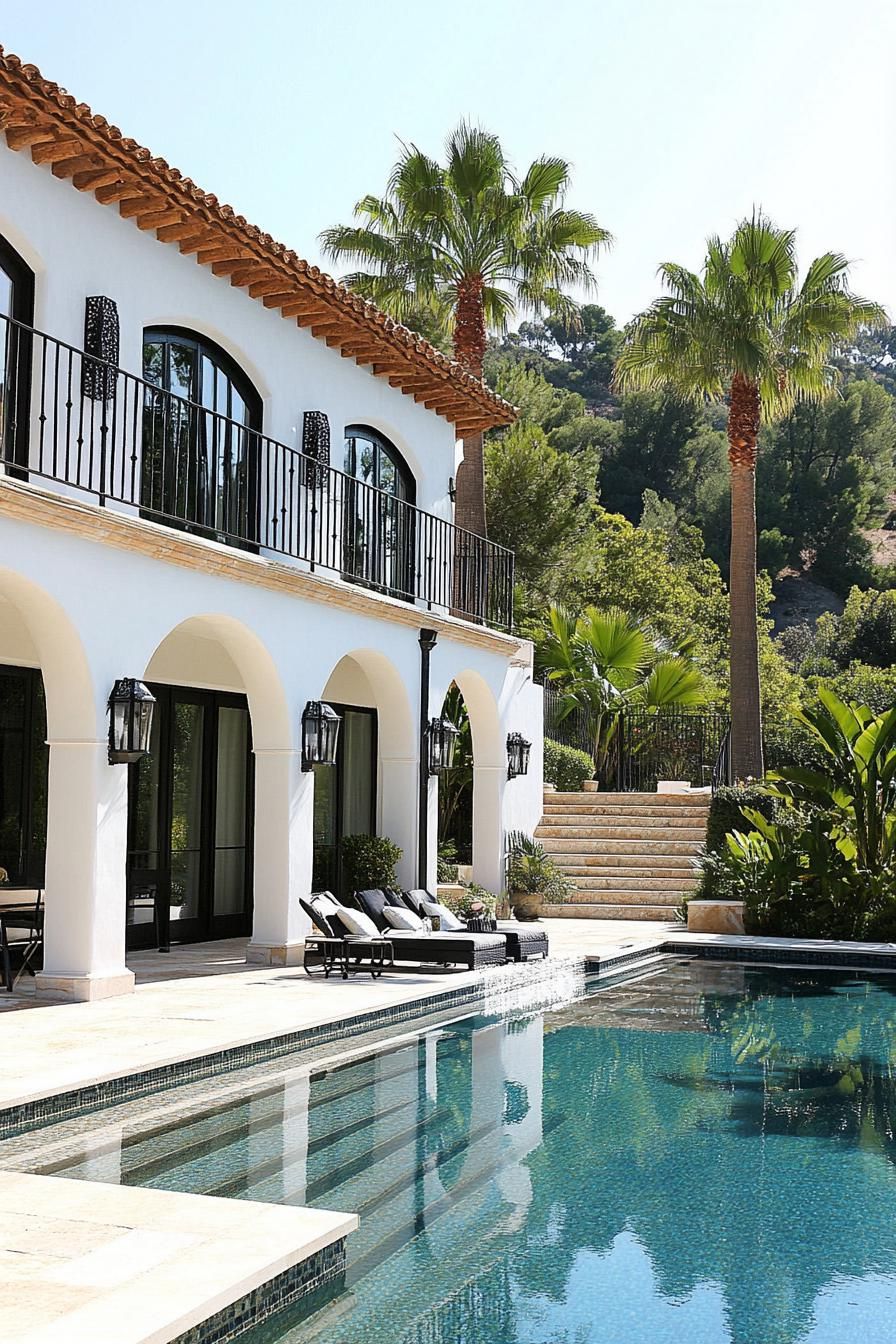 spanish villa yard with pool deck tiled in stone mosaic tile house in white stucco iron balconies arches modern windows tall palms in the yard 1