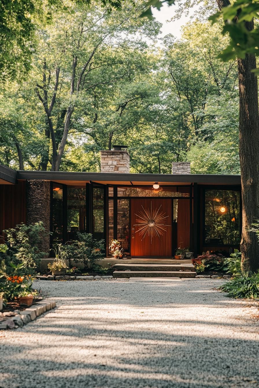 mid century modern house front porch with atomic starburst decor driveway lined with trees leads to the porch 2