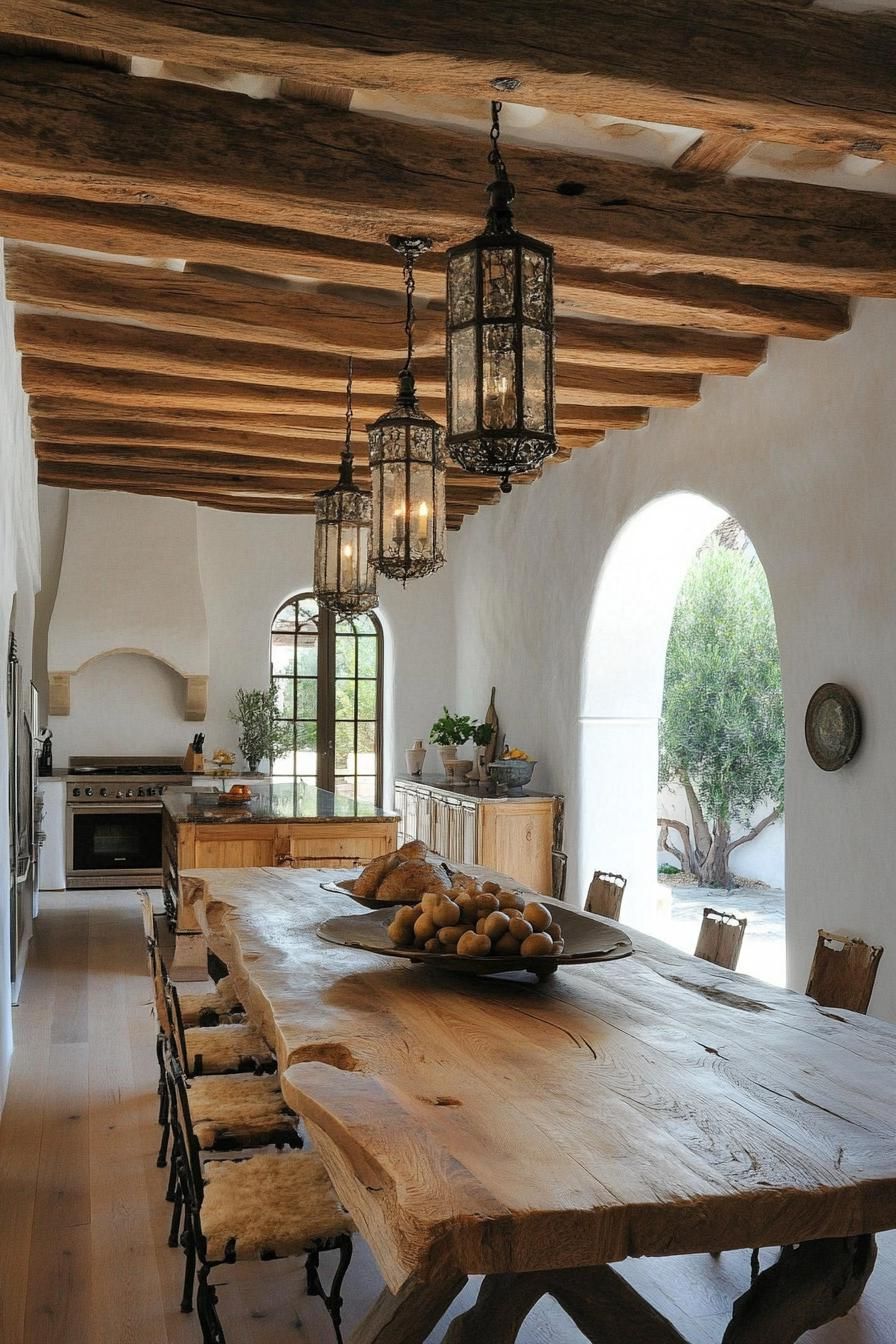 rustic spanish dining area interior white stucco walls arches wooden ceiling with beams hardwood floor large rustic wooden table with chairs 3