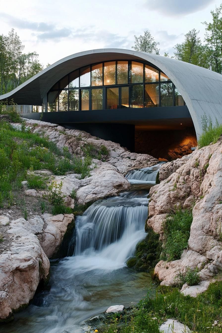 modern earth sheltered house built into a hill by a rocky river with waterfall
