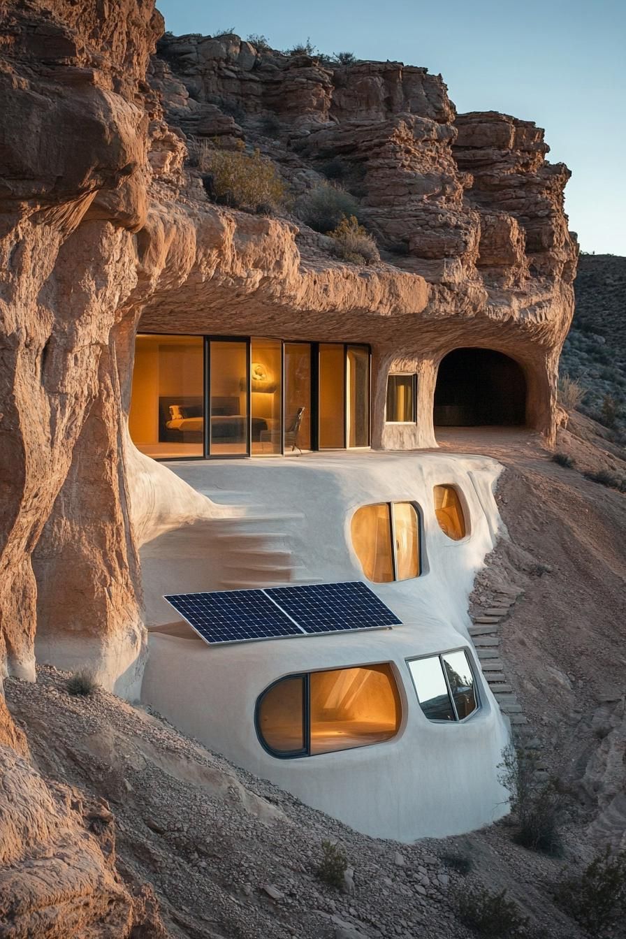 modern earth sheltered house with solar panel facade in stunning desert mountain caves 3
