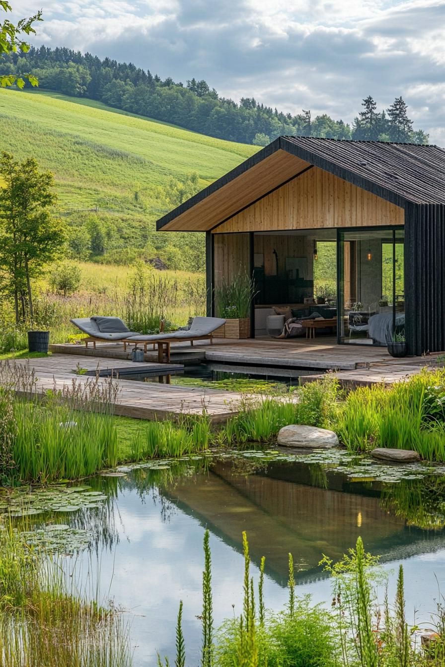 modern timber cabin with rooftop garden by a pond in a pristine green valley