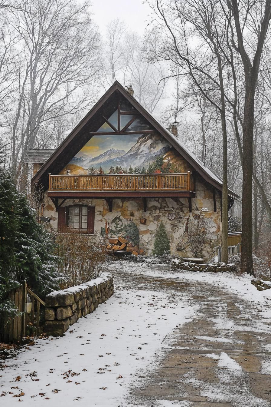 modern French chalet house facade accent wall with colored Alpine mural painting yard surrounded by leafless trees misty weather 1