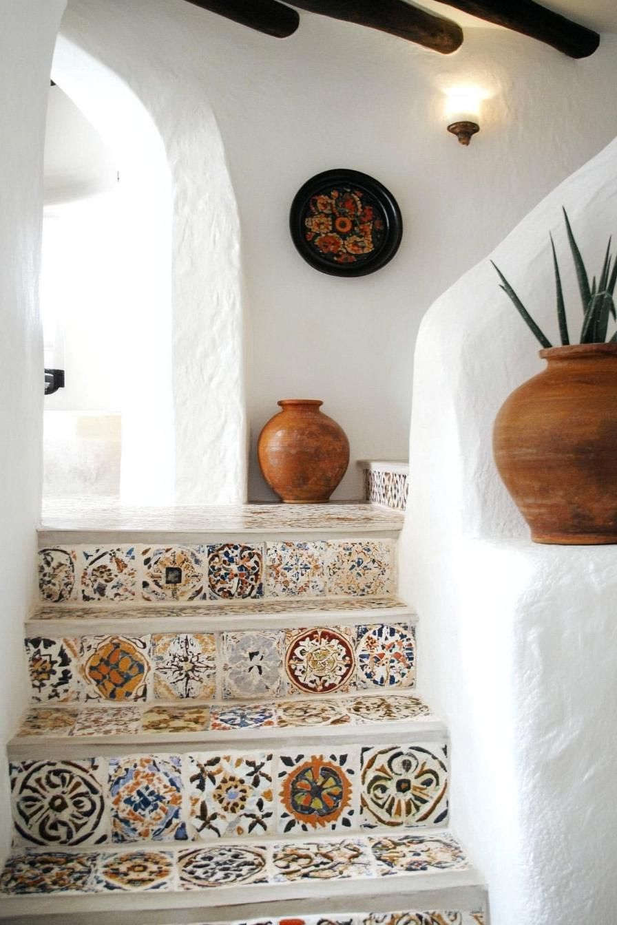 spanish style entryway interior white walls mosaic tile staircase wall decor by staircase with display vases 1