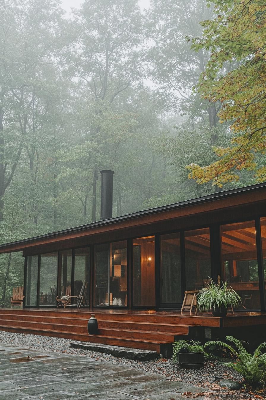 mid century modern cabin facade with exposed steel beams and columns misty Scandinavian woods 3