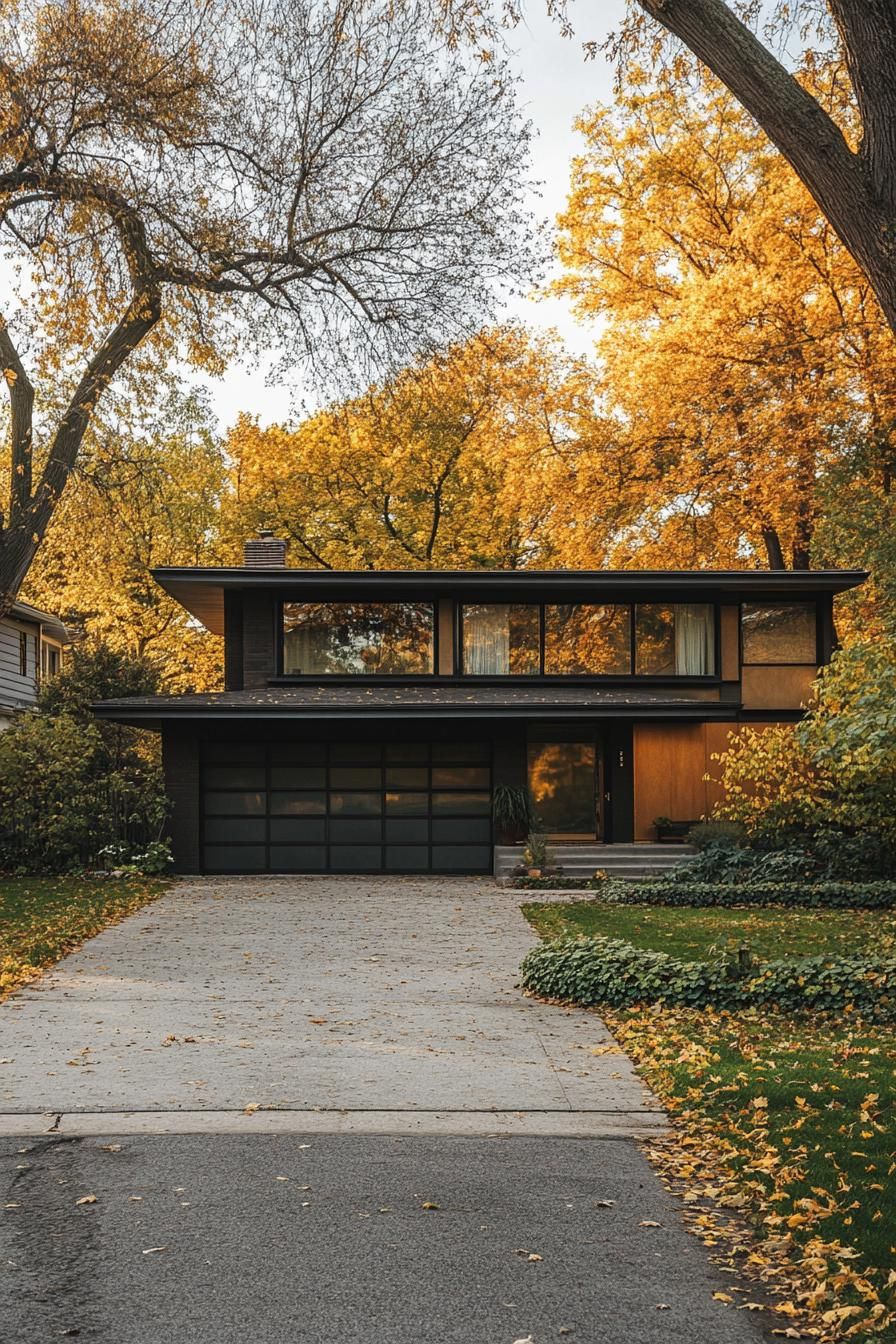 modern 70s style house exterior with flat roof and large eaves in suburban tree lined alley 2