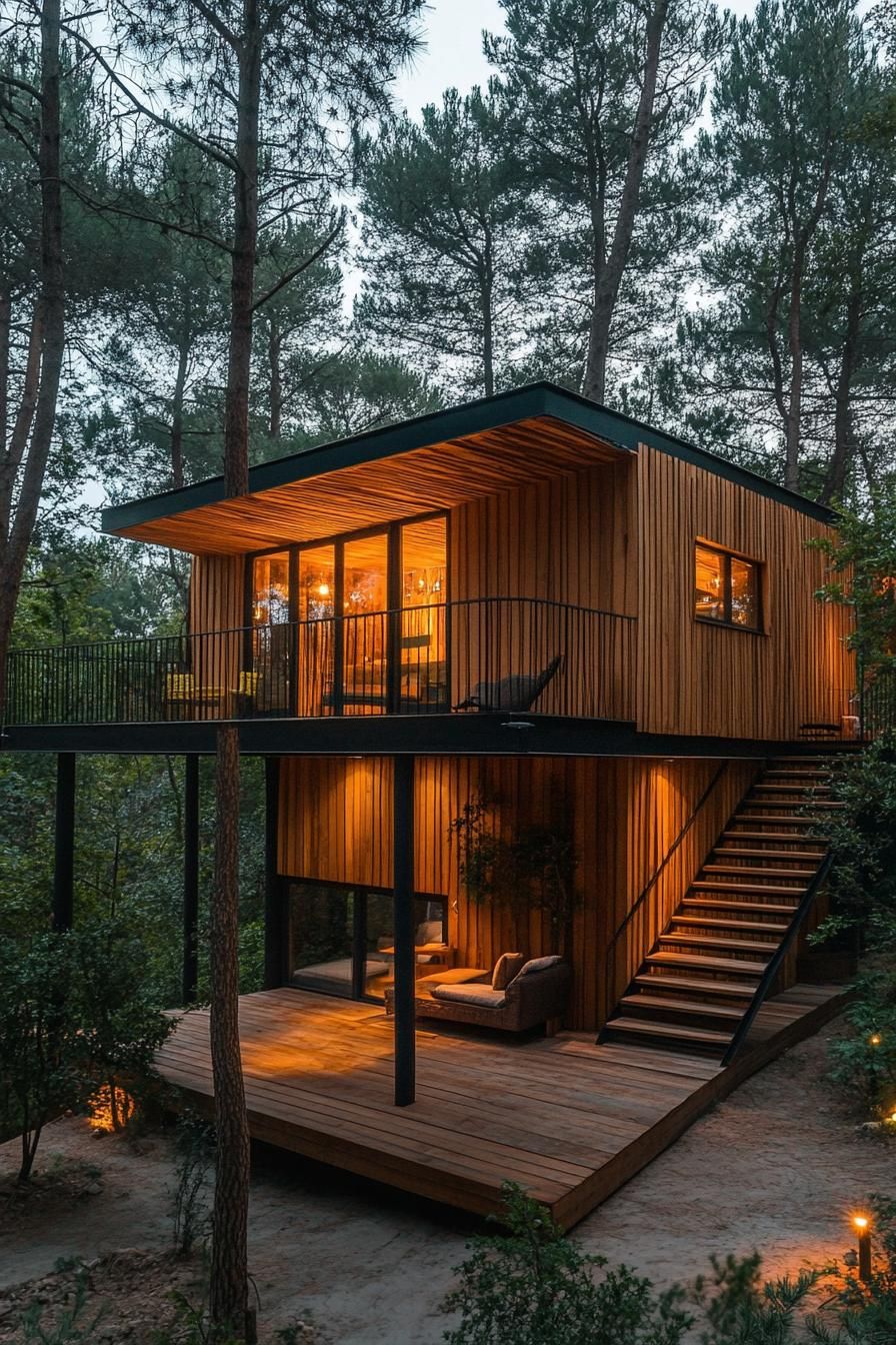modern treehouse timber cabin home in a stunning pine forest with high trees 1