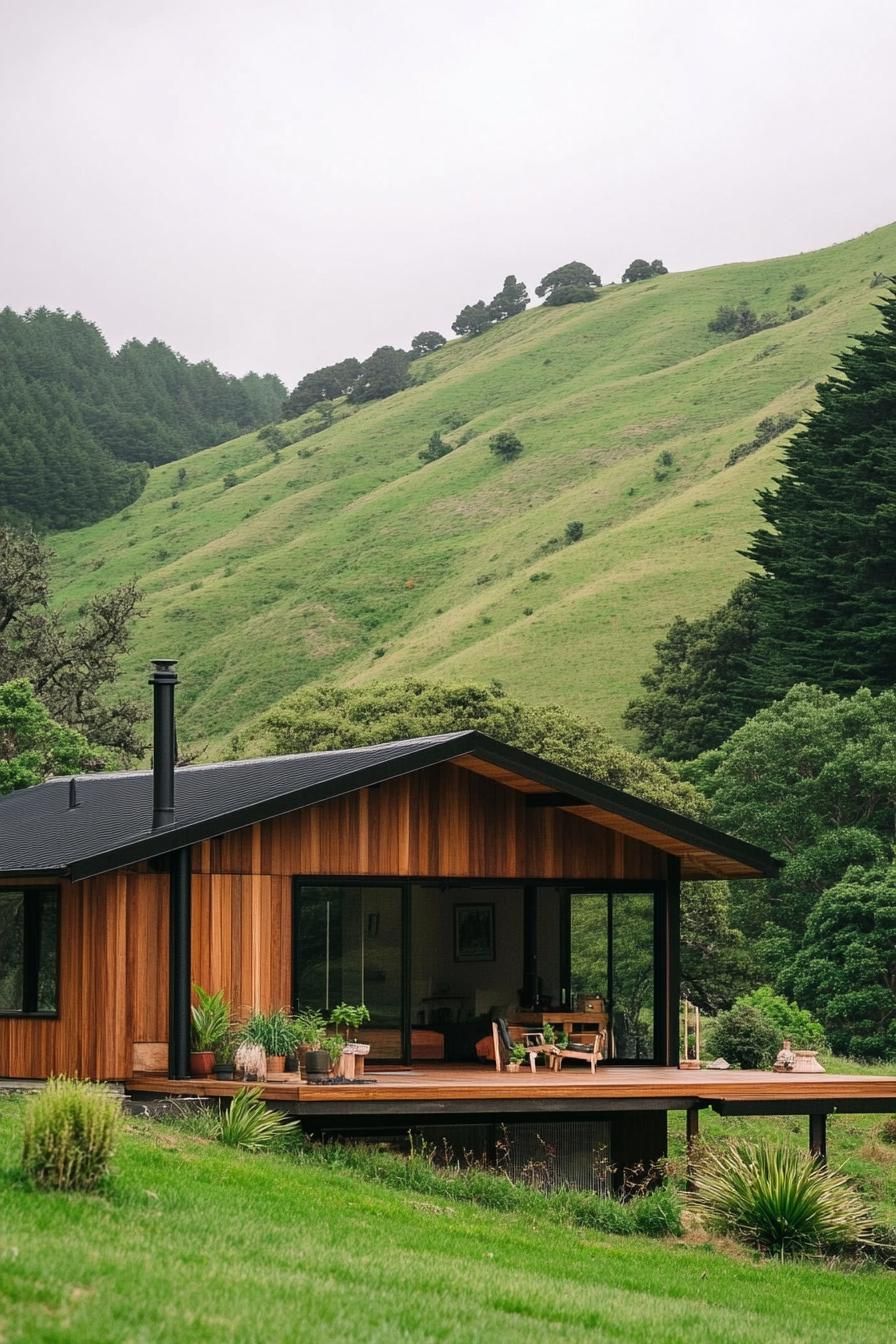 mid century modern cabin assymetrical geometric facade stunning green New Zealand hills
