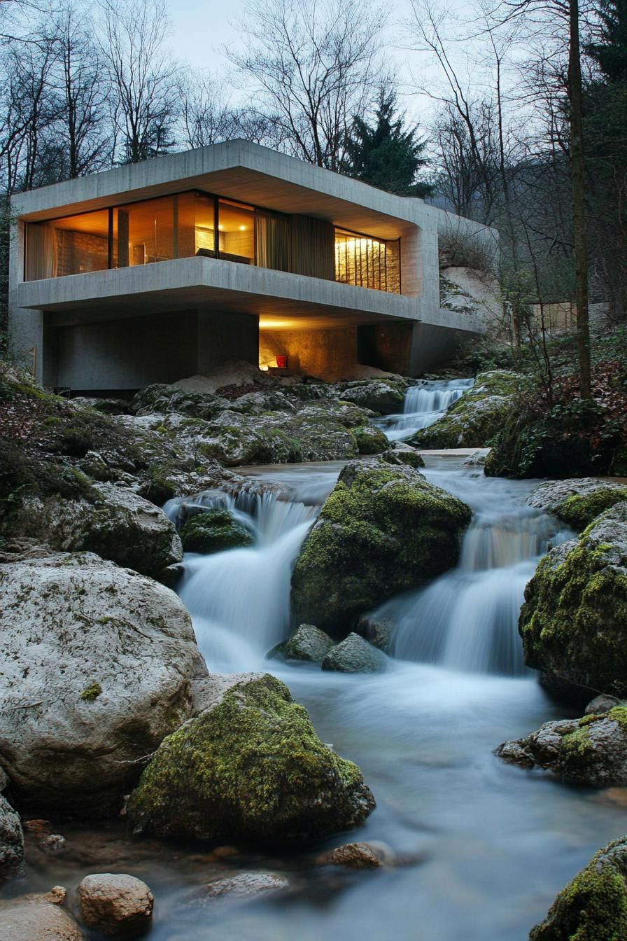 modern earth sheltered house built into a hill by a rocky river with waterfall 3