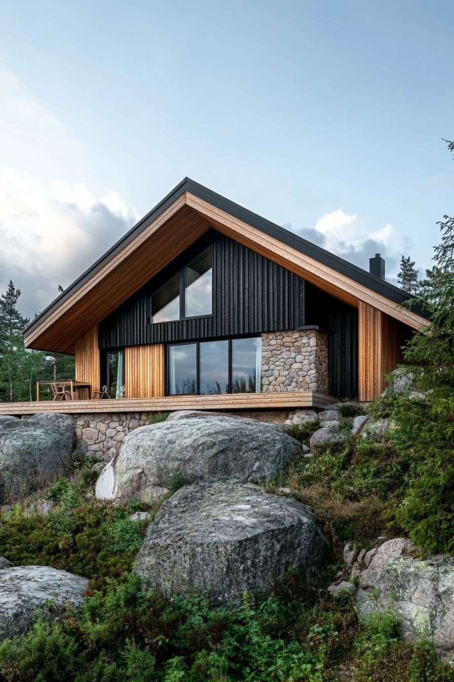 mid century modern cabin with wood and stone cladding stunning Scandinavian mountain landscape 2