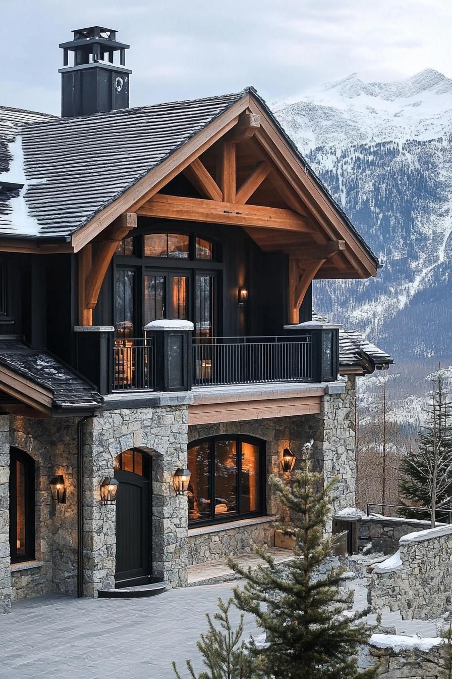 modern French chalet house exterior with wooden beams and stone facade stunning snowy mountains in the background 2