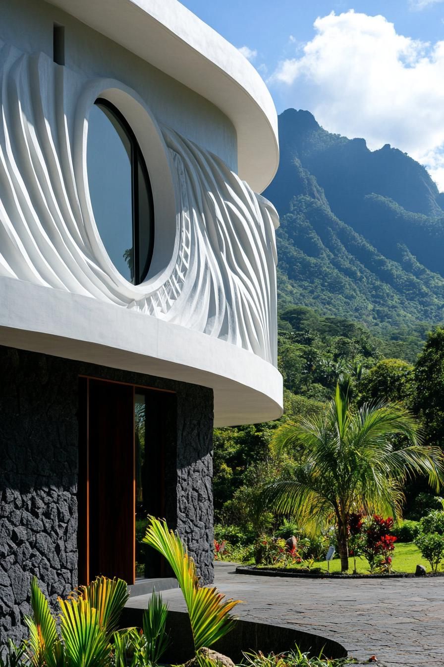 modern house with high relief art deco precast concrete facade tropical mountains in the background 3