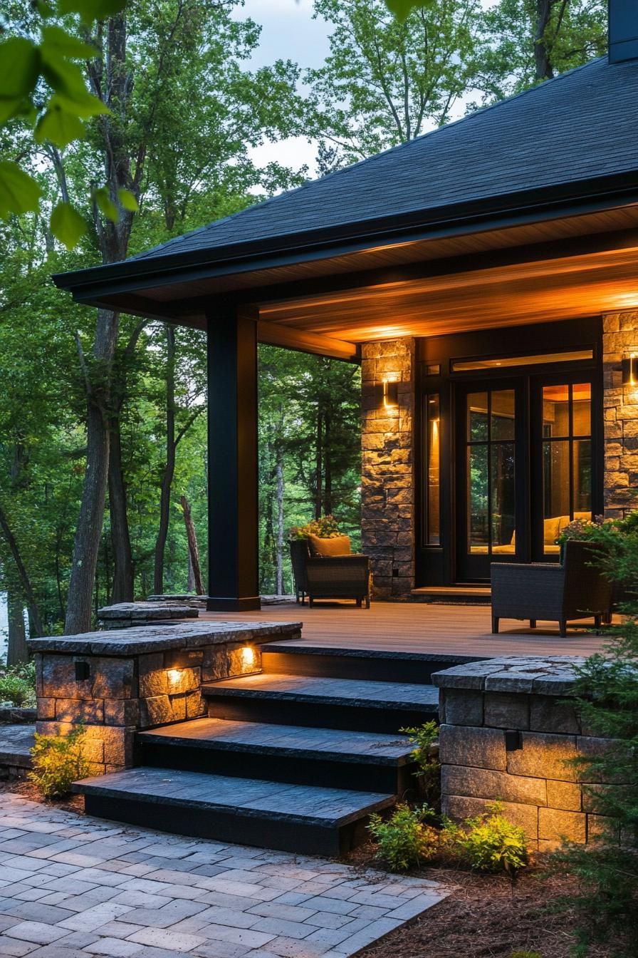 modern 90s style house front porch with retro lighting fixtures lakeside forest landscape 3