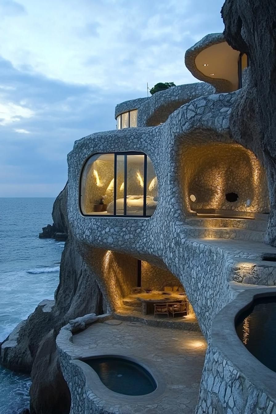 modern earth bermed house facade built into a cave with stone mosaic walls in stunning ocean side cliffs 2