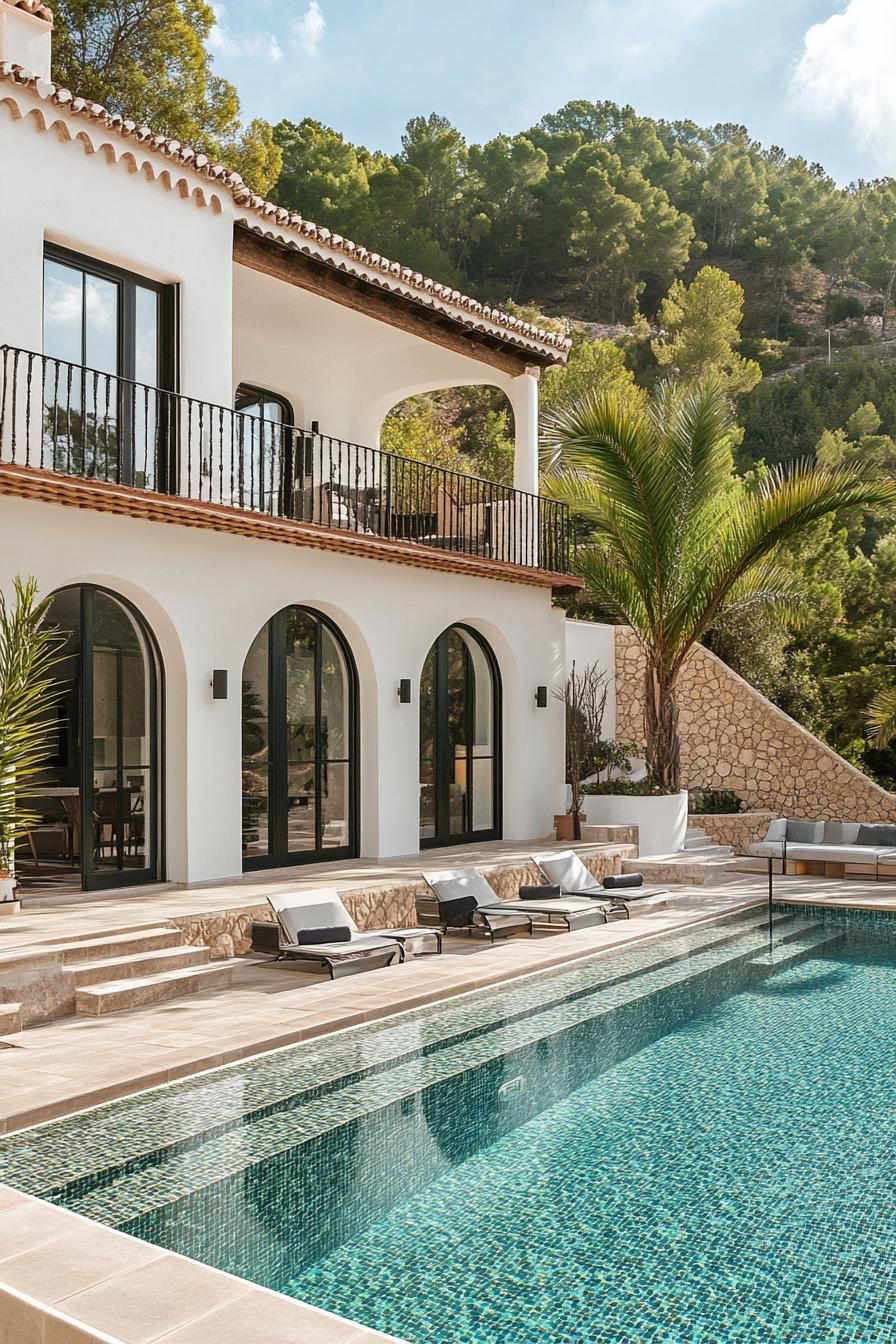 spanish villa yard with pool deck tiled in stone mosaic tile house in white stucco iron balconies arches modern windows tall palms in the yard