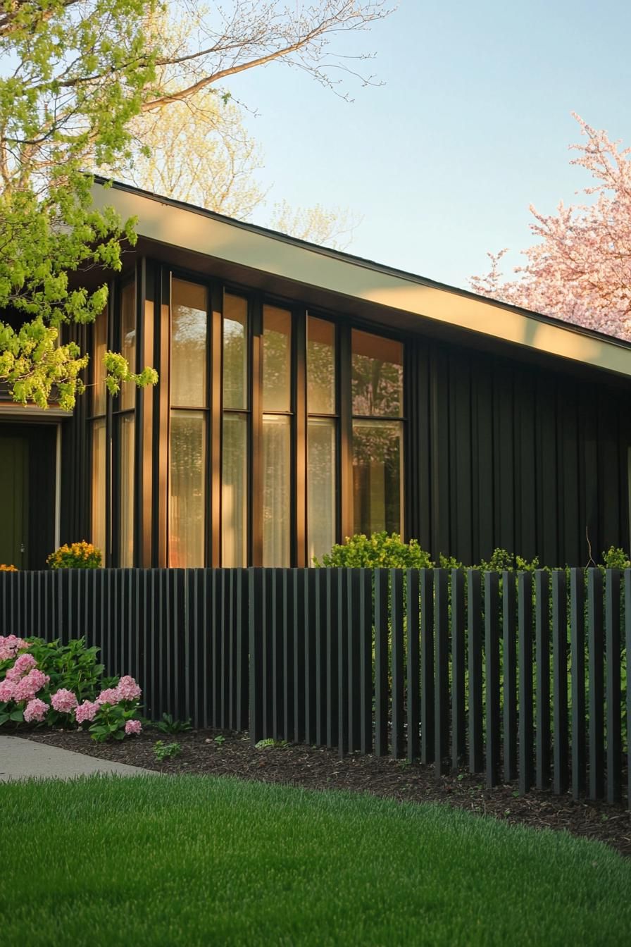 modern 70s style geometric house facade yard with vertical slat fencing in suburban neighborhood in spring 3
